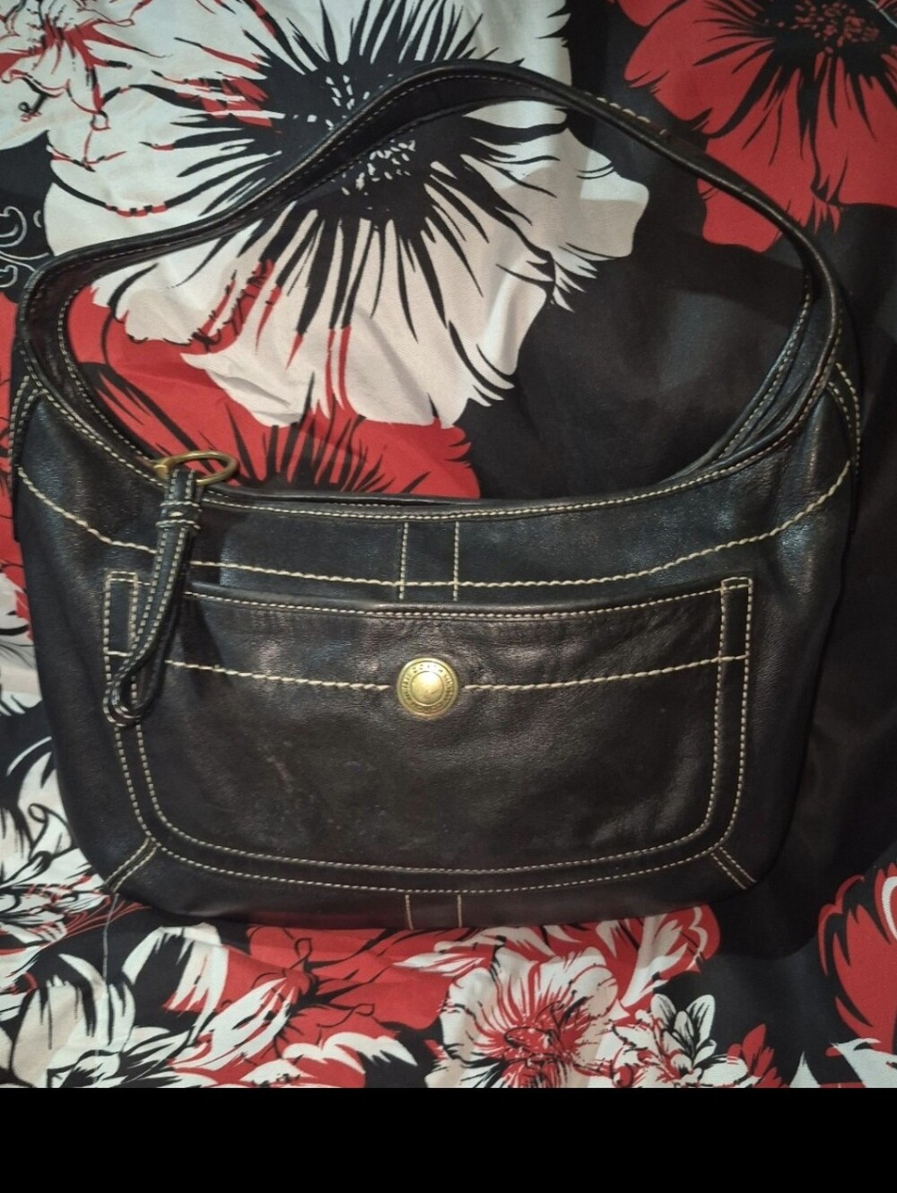 Coach Black Leather Shoulder Bag with Brass Accent